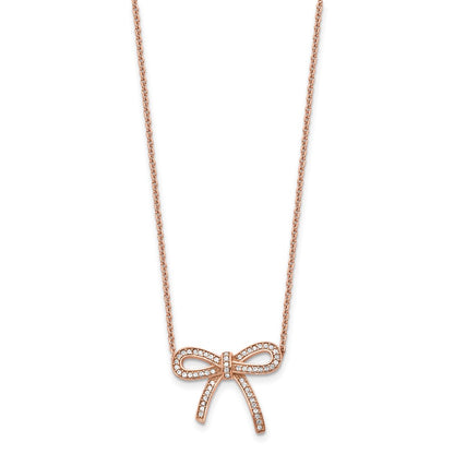 Stainless Steel Polished Rose Ip-Plated Crystal Bow W/1.75In Ext Necklace