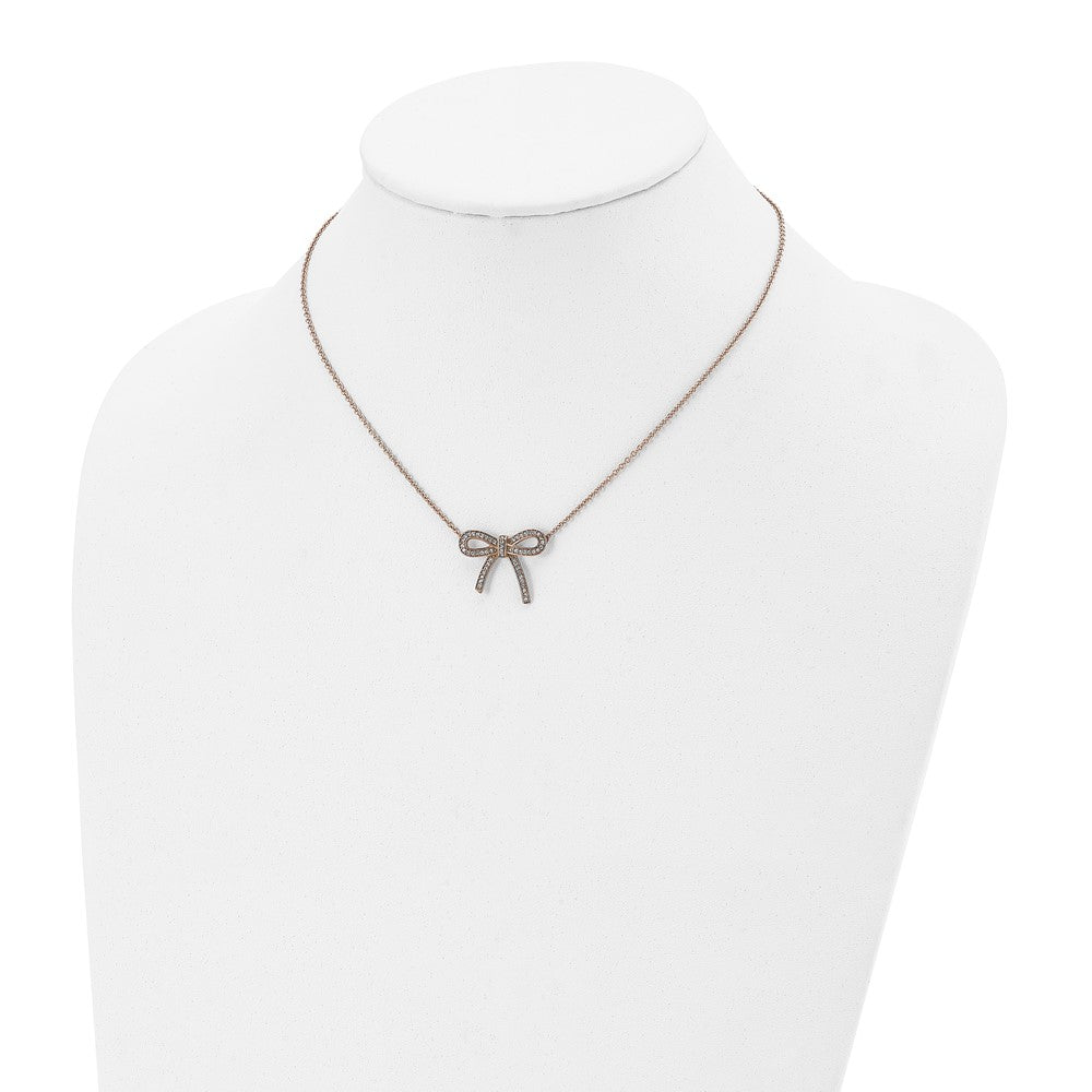Stainless Steel Polished Rose Ip-Plated Crystal Bow W/1.75In Ext Necklace