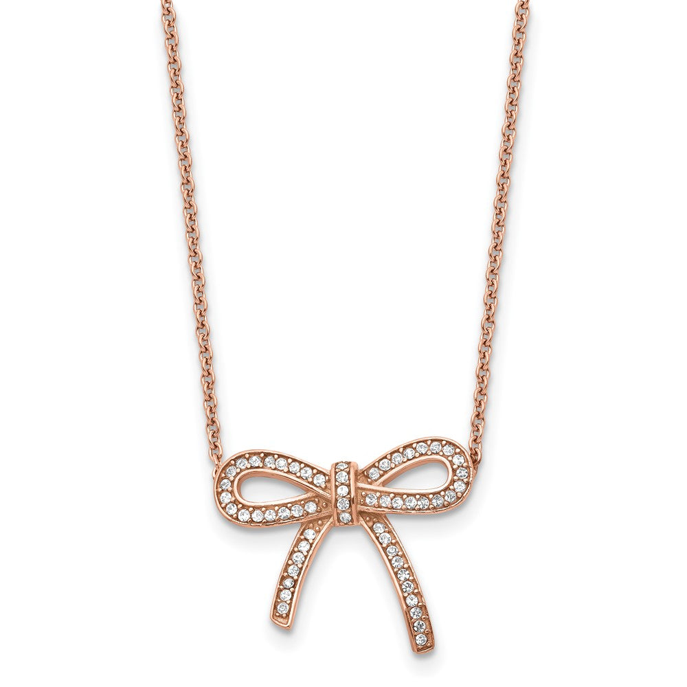 Stainless Steel Polished Rose Ip-Plated Crystal Bow W/1.75In Ext Necklace