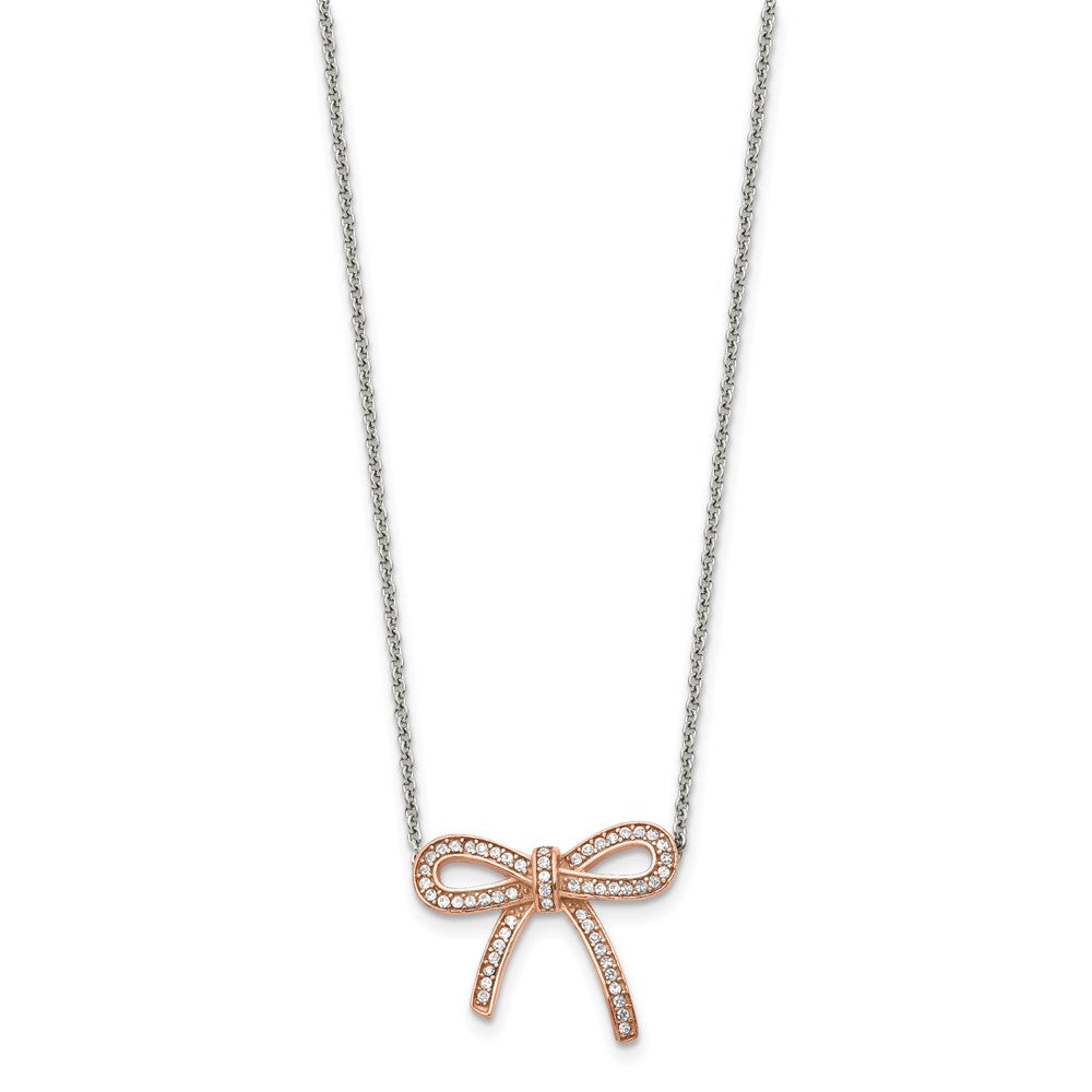 Stainless Steel Polished Rose Ip-Plated Crystal Bow W/1.75In Ext Necklace