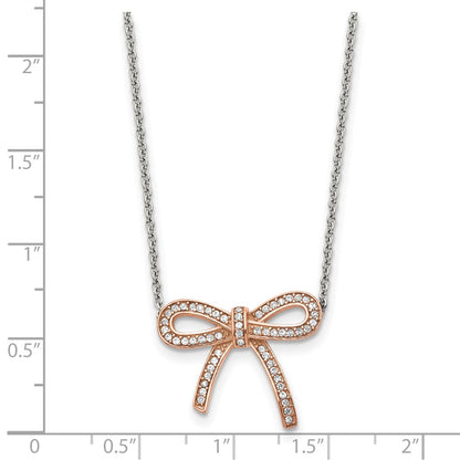 Stainless Steel Polished Rose Ip-Plated Crystal Bow W/1.75In Ext Necklace