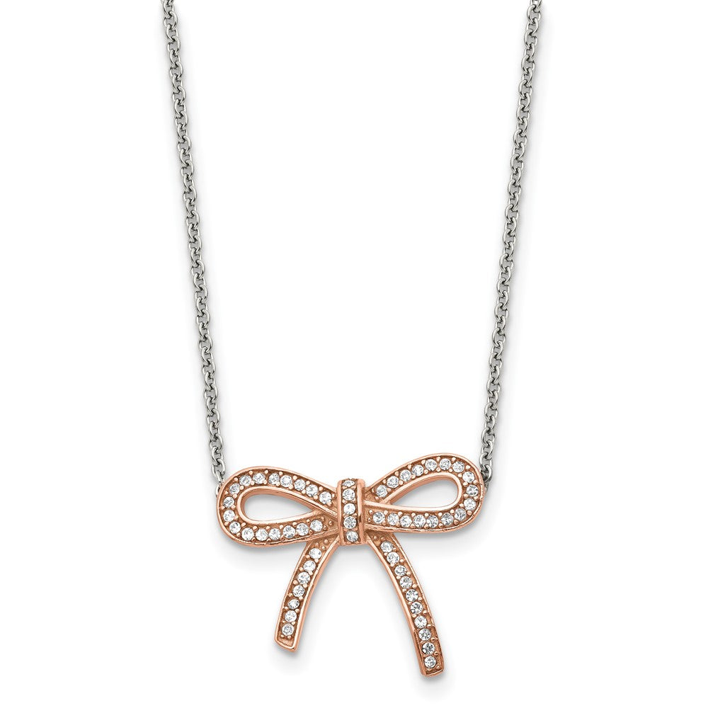 Stainless Steel Polished Rose Ip-Plated Crystal Bow W/1.75In Ext Necklace
