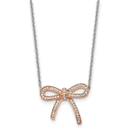 Stainless Steel Polished Rose Ip-Plated Crystal Bow W/1.75In Ext Necklace