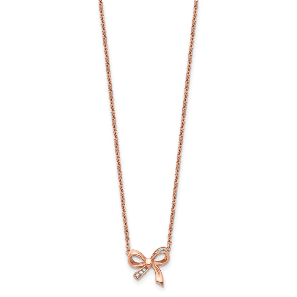 Stainless Steel Polished Rose Ip-Plated W/Cz Bow W/1.75In Ext Necklace
