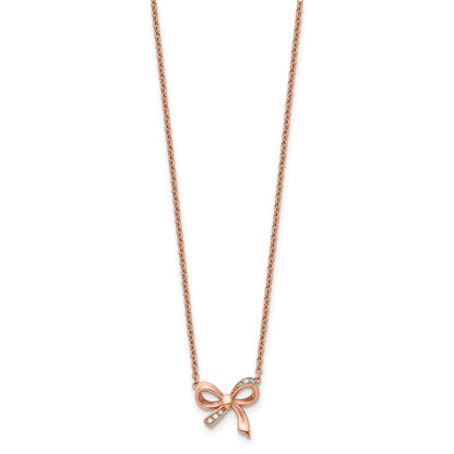 Stainless Steel Polished Rose Ip-Plated W/Cz Bow W/1.75In Ext Necklace