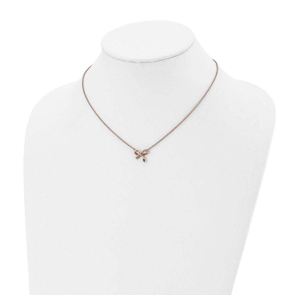 Stainless Steel Polished Rose Ip-Plated W/Cz Bow W/1.75In Ext Necklace