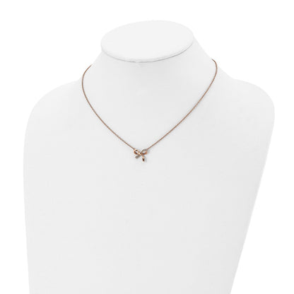 Stainless Steel Polished Rose Ip-Plated W/Cz Bow W/1.75In Ext Necklace