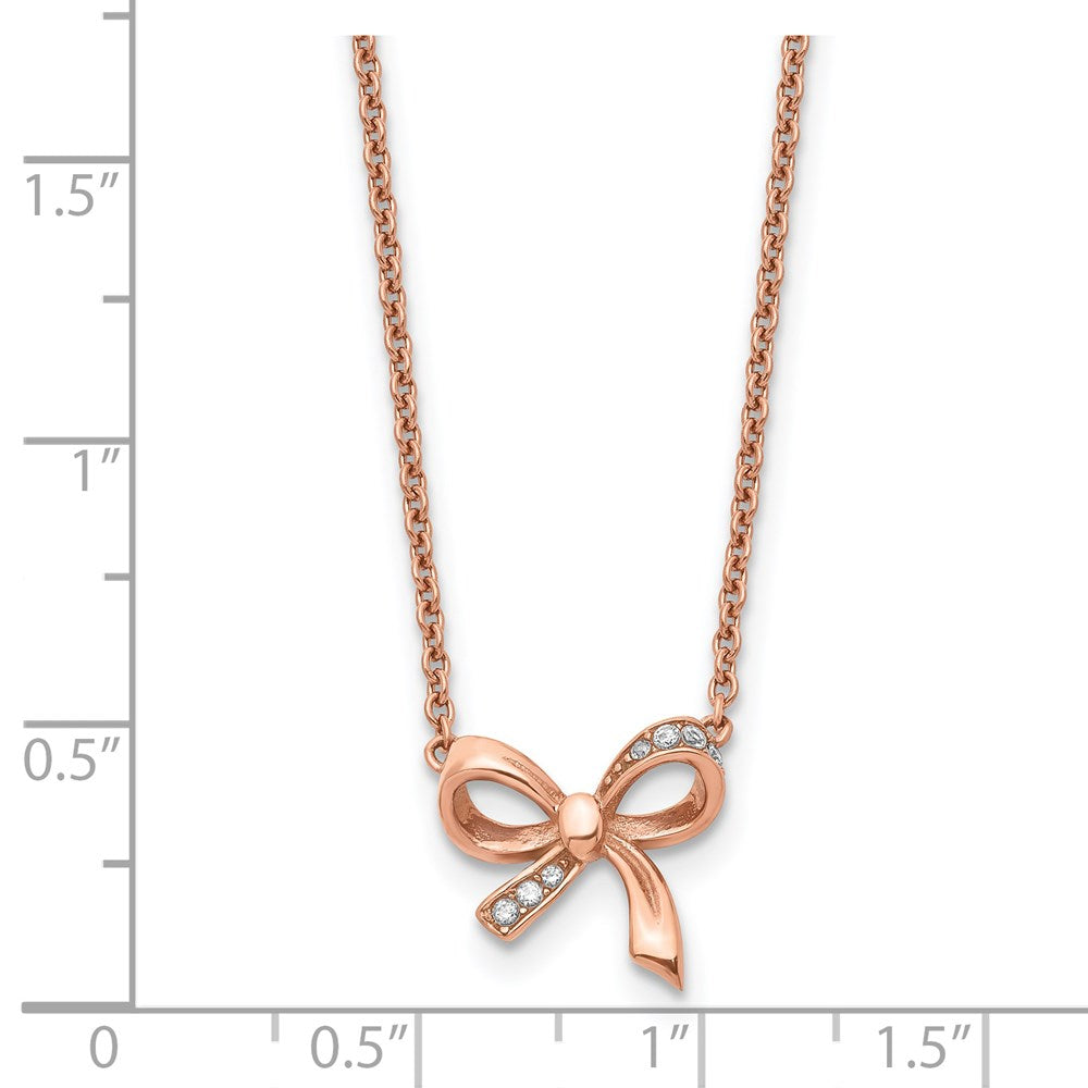 Stainless Steel Polished Rose Ip-Plated W/Cz Bow W/1.75In Ext Necklace