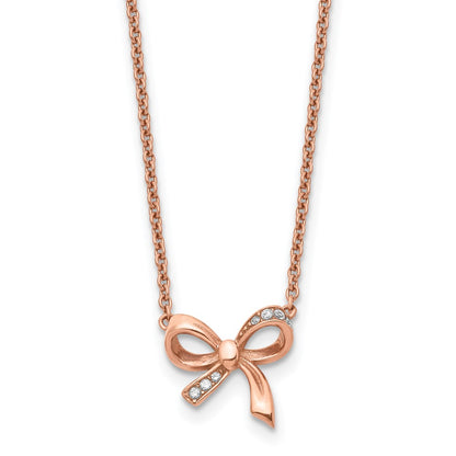 Stainless Steel Polished Rose Ip-Plated W/Cz Bow W/1.75In Ext Necklace