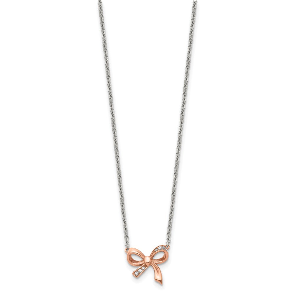 Stainless Steel Polished Rose Ip-Plated W/Cz Bow W/1.75In Ext Necklace