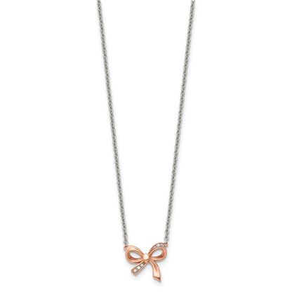 Stainless Steel Polished Rose Ip-Plated W/Cz Bow W/1.75In Ext Necklace