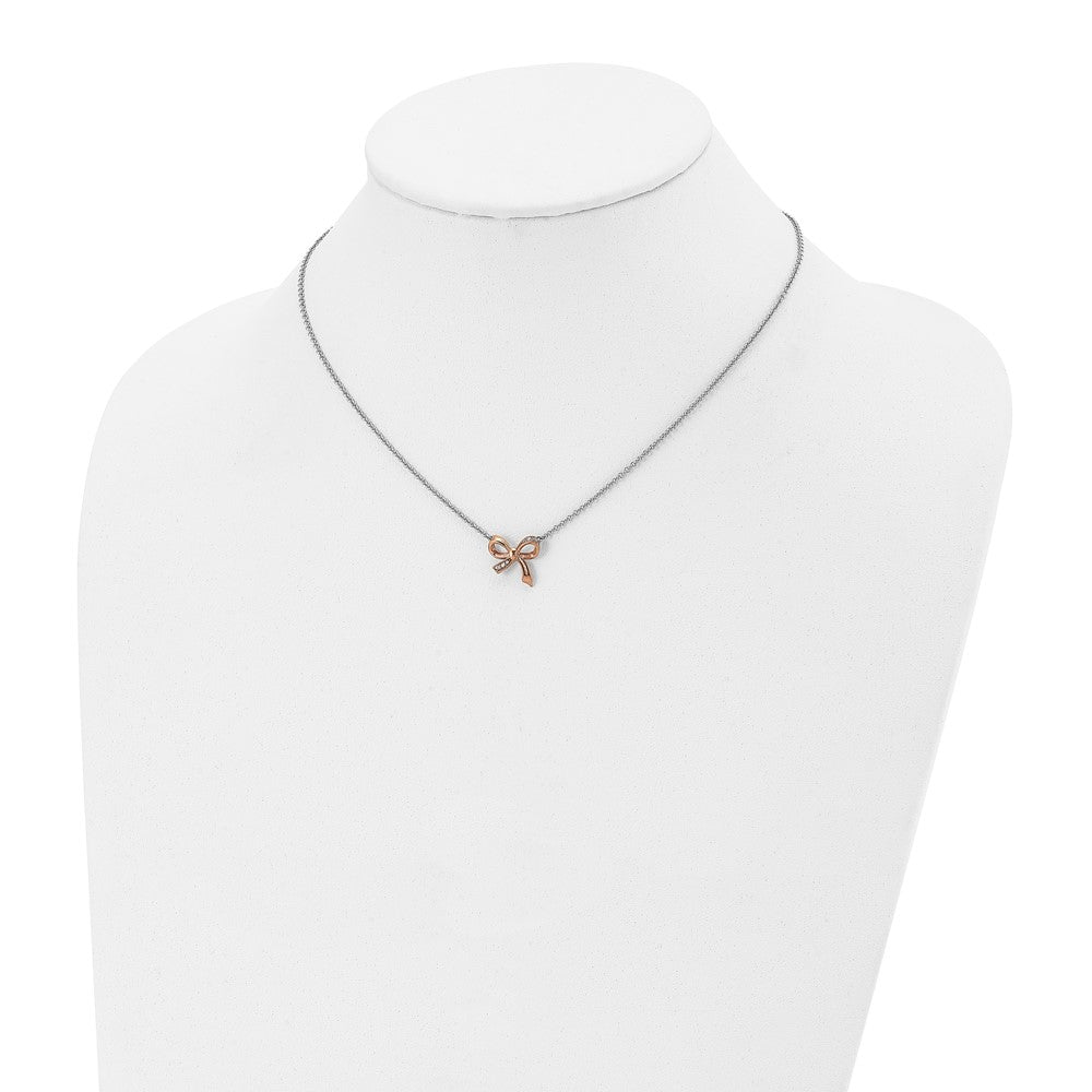 Stainless Steel Polished Rose Ip-Plated W/Cz Bow W/1.75In Ext Necklace