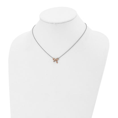 Stainless Steel Polished Rose Ip-Plated W/Cz Bow W/1.75In Ext Necklace