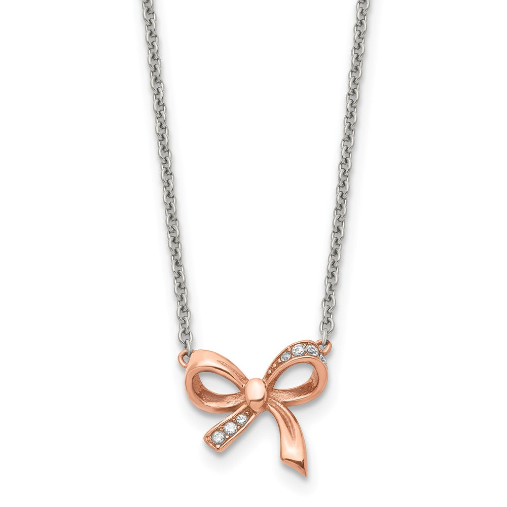 Stainless Steel Polished Rose Ip-Plated W/Cz Bow W/1.75In Ext Necklace