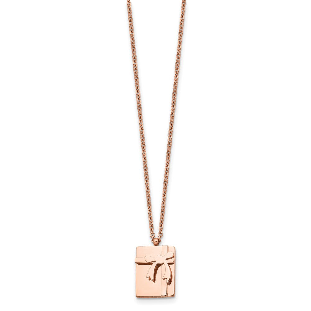Stainless Steel Polished Rose Ip-Plated Gift & Bow W/2.5In Ext Necklace