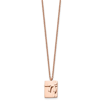 Stainless Steel Polished Rose Ip-Plated Gift & Bow W/2.5In Ext Necklace