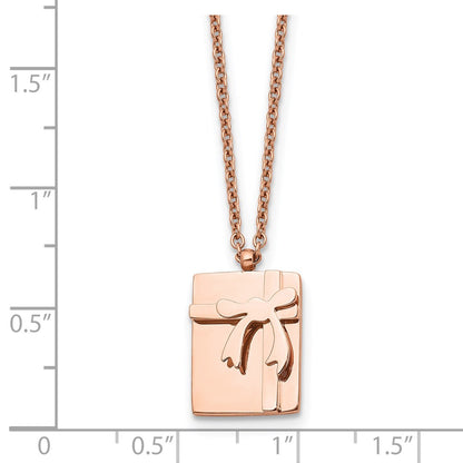 Stainless Steel Polished Rose Ip-Plated Gift & Bow W/2.5In Ext Necklace