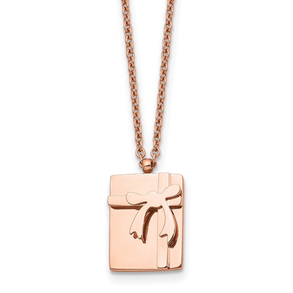Stainless Steel Polished Rose Ip-Plated Gift & Bow W/2.5In Ext Necklace
