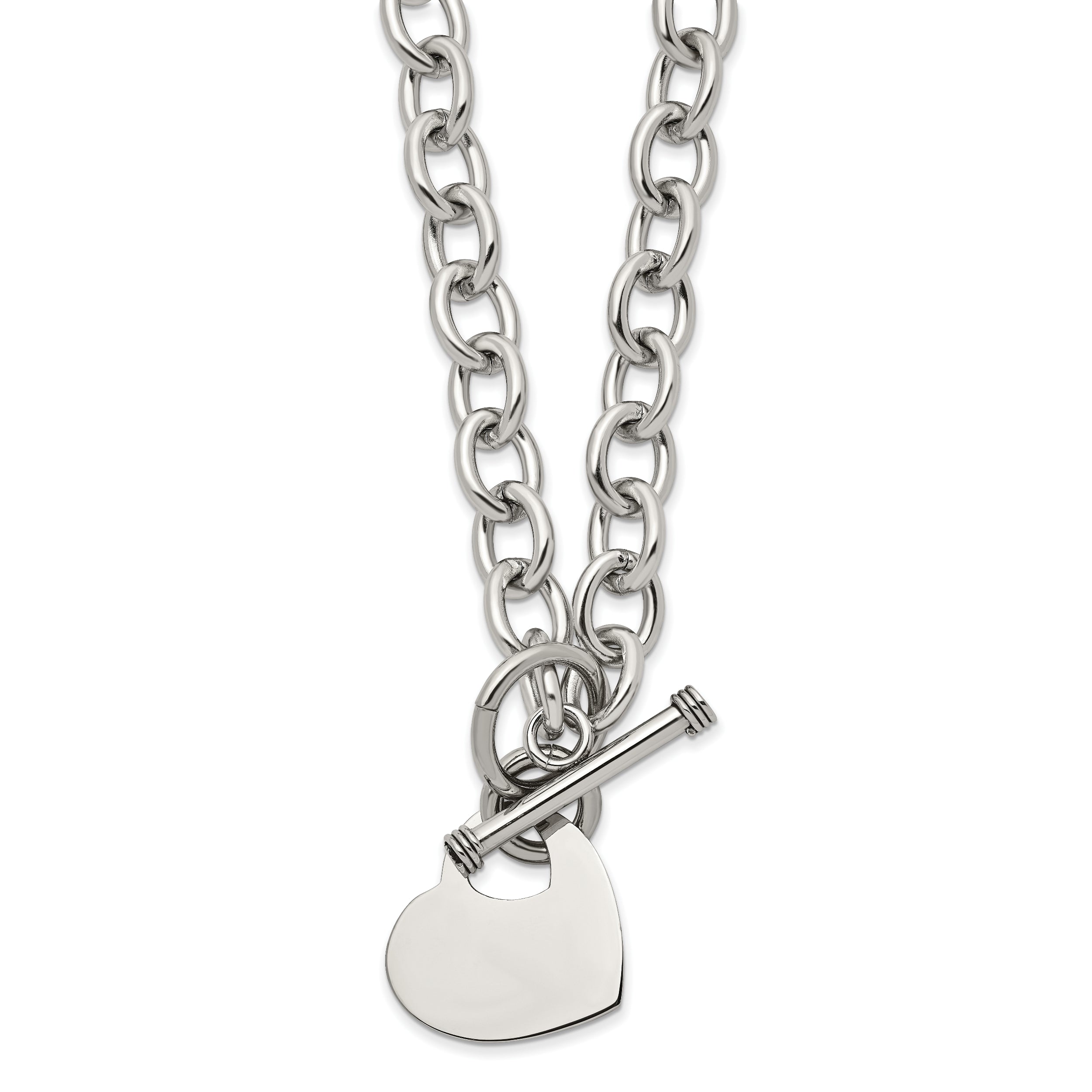 Stainless Steel Chisel Polished Heart Toggle On An 18 Inch Open Link Chain Necklace