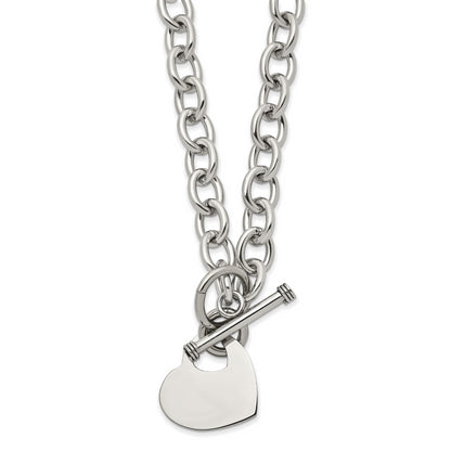 Stainless Steel Chisel Polished Heart Toggle On An 18 Inch Open Link Chain Necklace