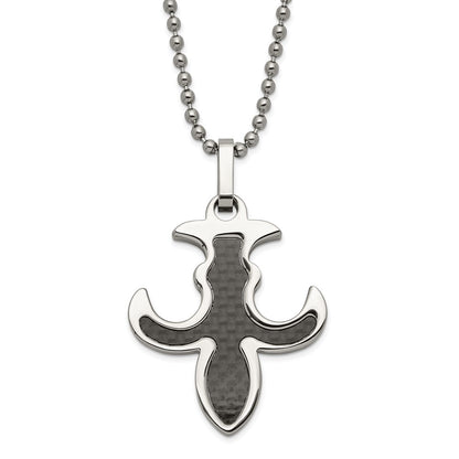 Stainless Steel Polished Black Carbon Fiber Inlay Fleur De Lis Necklace