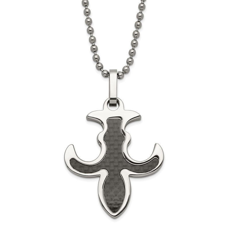 Stainless Steel Polished Black Carbon Fiber Inlay Fleur De Lis Necklace