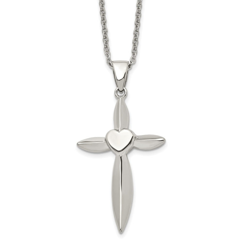 Stainless Steel Polished Heart And Cross 22In Necklace