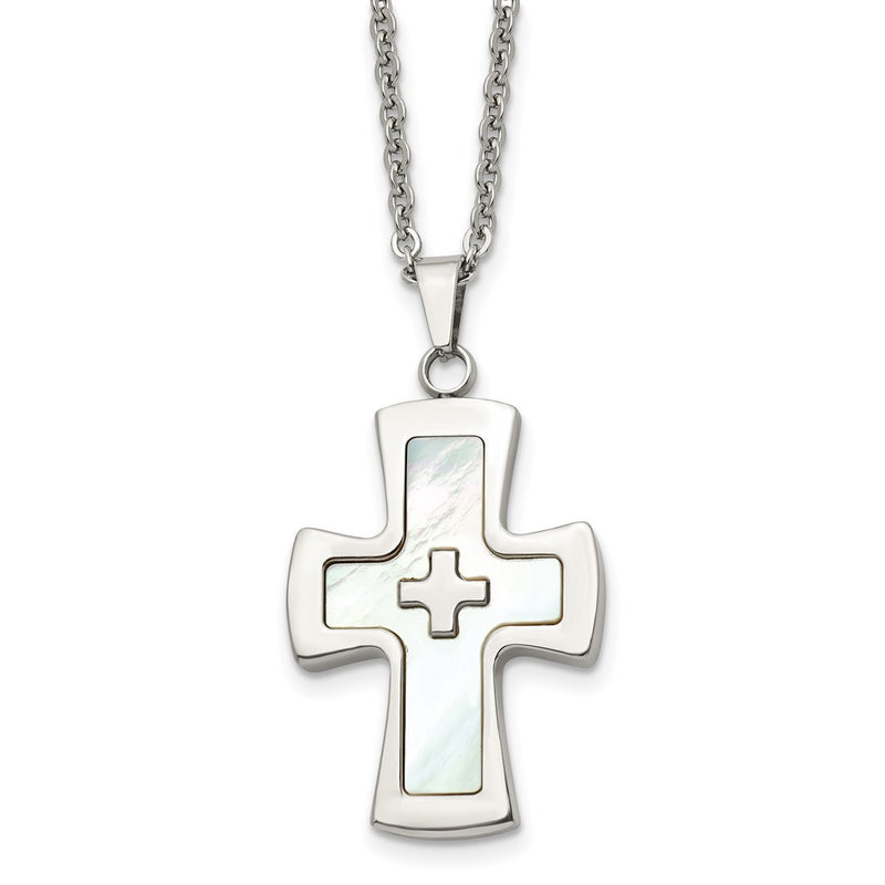 Stainless Steel Polished Mother Of Pearl Cross 22In Necklace