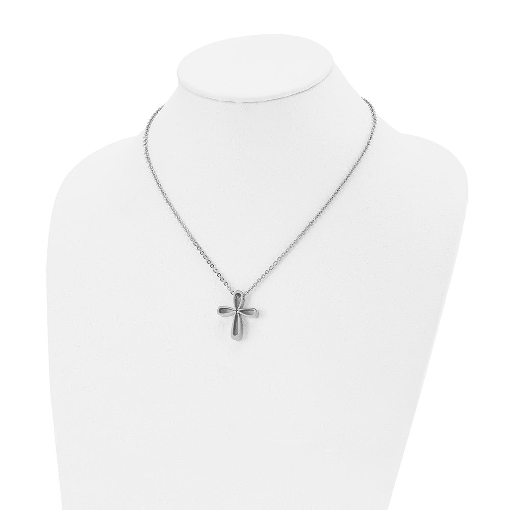 Stainless Steel Chisel Polished Open Cross Pendant On An 18 Inch Cable Chain Necklace