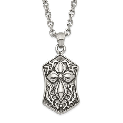 Stainless Steel Polished And Antiqued Cross Necklace