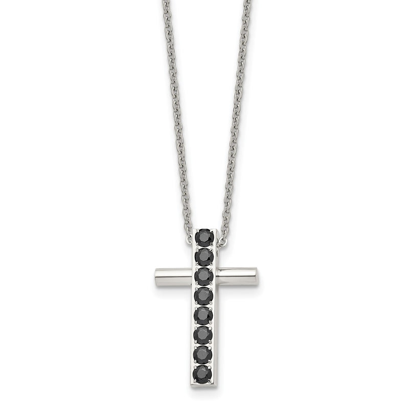 Stainless Steel Polished W/Black Cz Cross 22In Necklace