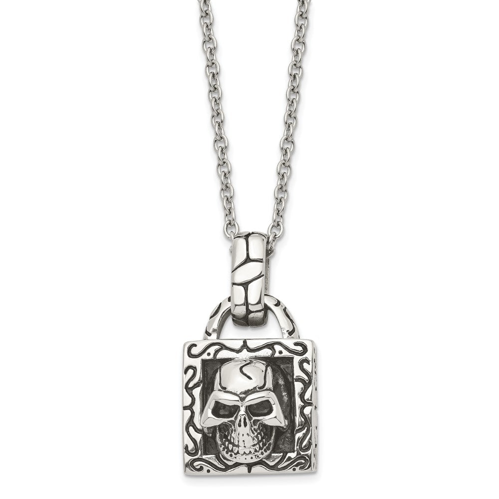 Stainless Steel Antiqued And Polished Skull 22In Necklace