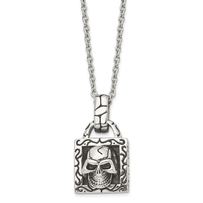 Stainless Steel Antiqued And Polished Skull 22In Necklace