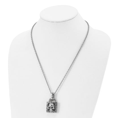 Stainless Steel Antiqued And Polished Skull 22In Necklace