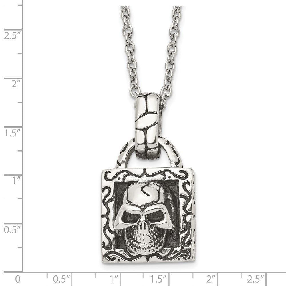 Stainless Steel Antiqued And Polished Skull 22In Necklace