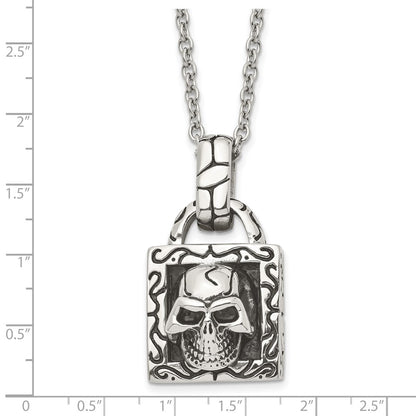 Stainless Steel Antiqued And Polished Skull 22In Necklace