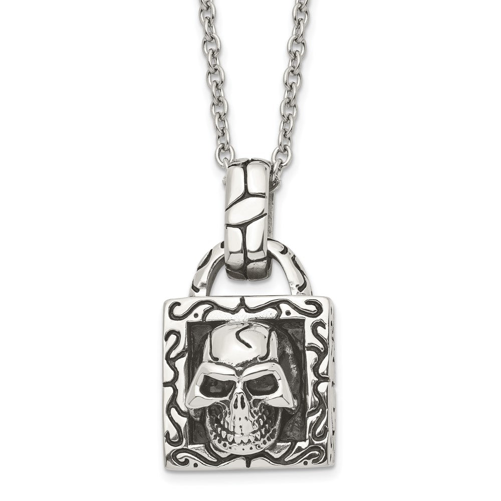 Stainless Steel Antiqued And Polished Skull 22In Necklace