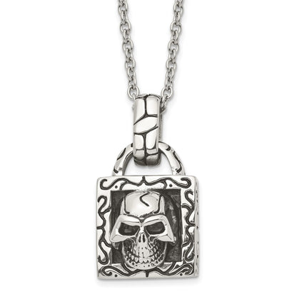 Stainless Steel Antiqued And Polished Skull 22In Necklace
