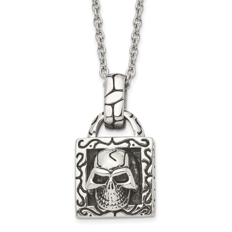 Stainless Steel Antiqued And Polished Skull 22In Necklace