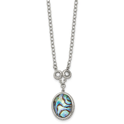 Stainless Steel Antiqued & Polished Imit. Abalone/Cz W/1.5In Ext Necklace