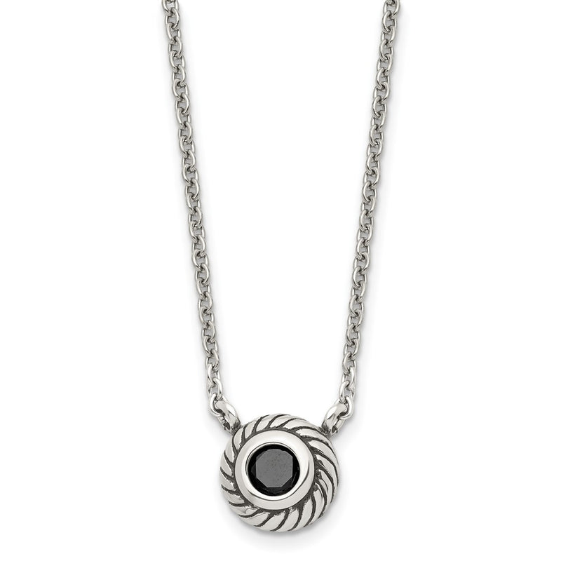 Stainless Steel Polished Black Cz Circle 18In W/1In Ext Necklace