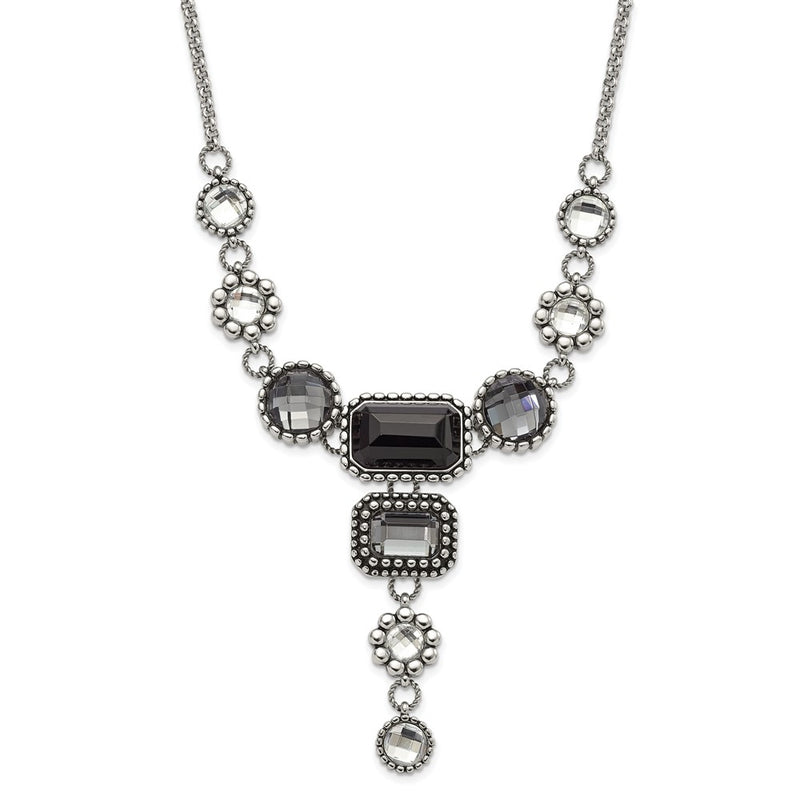 Stainless Steel Polished/Antiqued Fancy Glass Beads W/2In Ext. Necklace