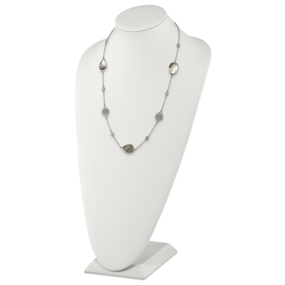 Stainless Steel Polished W/Black Mother Of Pearl & Cz W/3In Ext Necklace