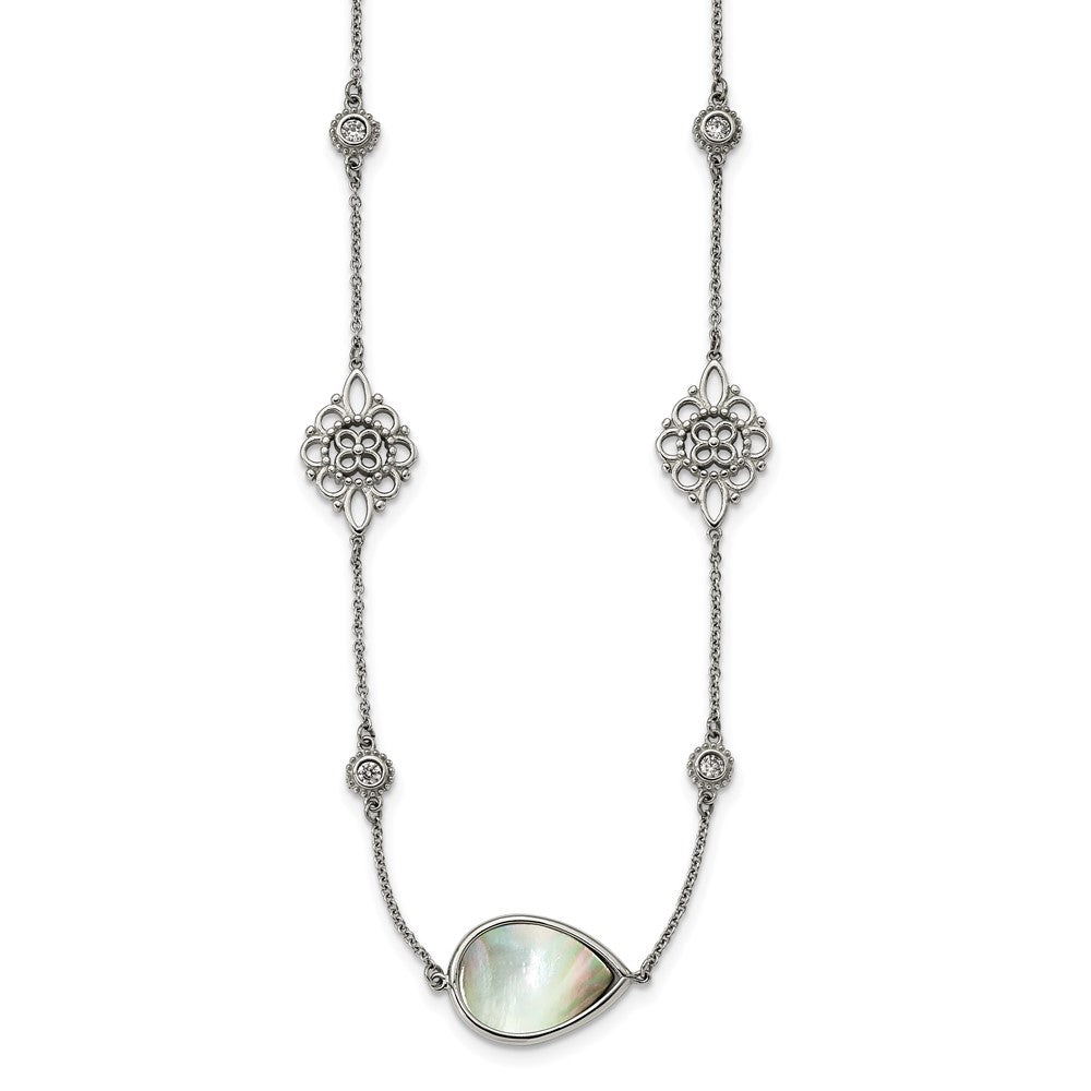 Stainless Steel Polished W/Black Mother Of Pearl & Cz W/3In Ext Necklace