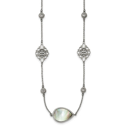 Stainless Steel Polished W/Black Mother Of Pearl & Cz W/3In Ext Necklace