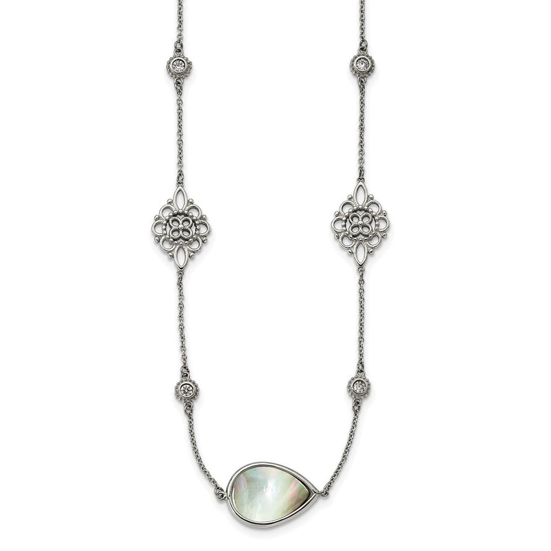Stainless Steel Polished W/Black Mother Of Pearl & Cz W/3In Ext Necklace