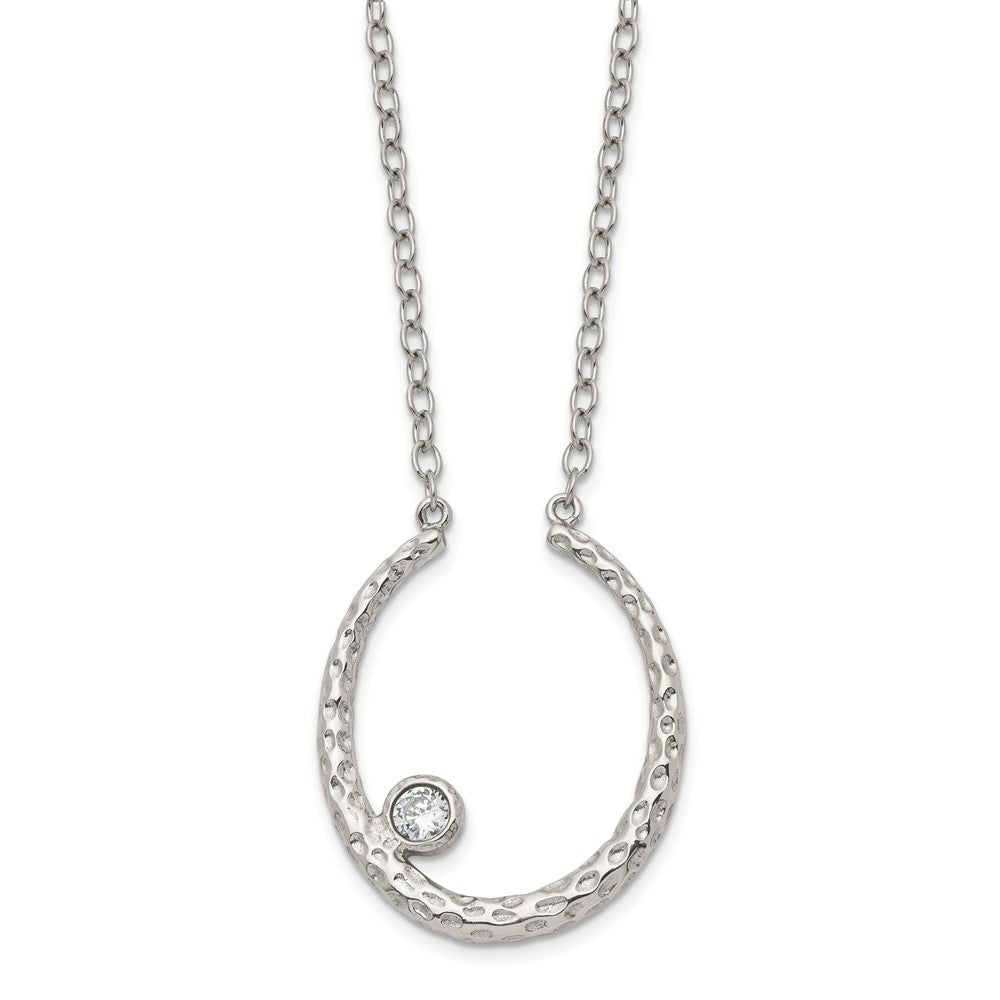 Stainless Steel Polished And Textured W/Cz 18In W/2In Ext Necklace