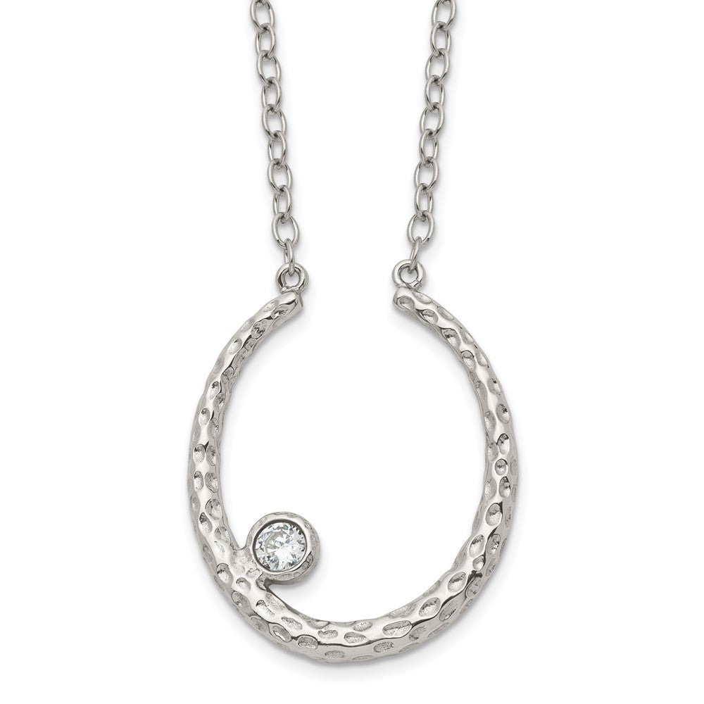 Stainless Steel Polished And Textured W/Cz 18In W/2In Ext Necklace