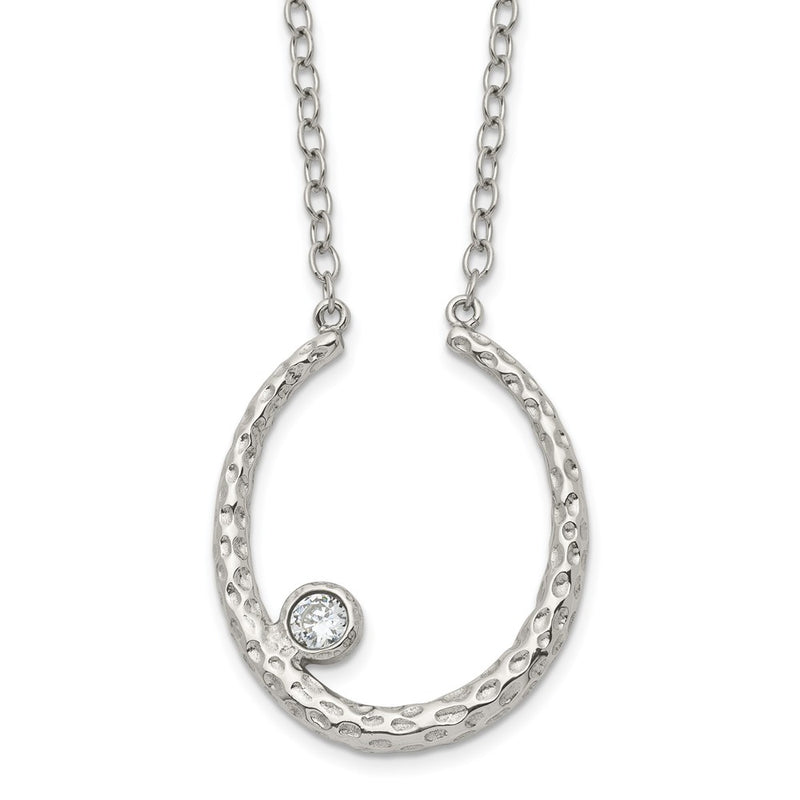 Stainless Steel Polished And Textured W/Cz 18In W/2In Ext Necklace