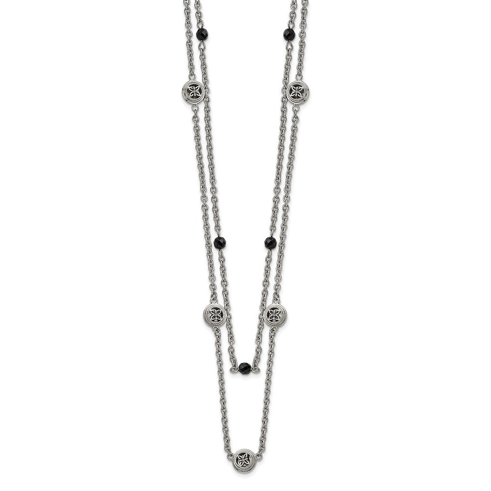 Stainless Steel Polished W/Black Onyx & Acrylic Beads W/2In Ext Necklace